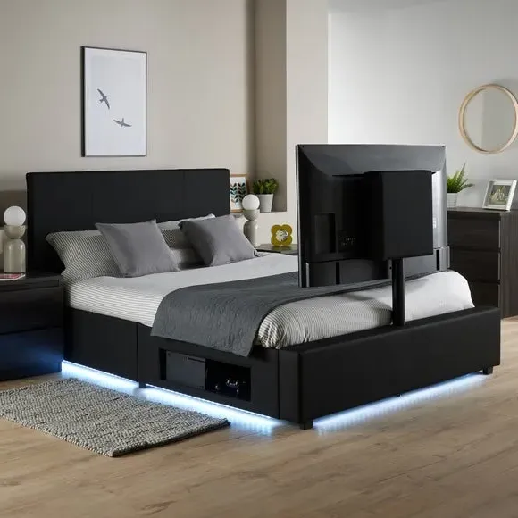 TV Bed with LED Lights & Mount - Black, Faux Leather