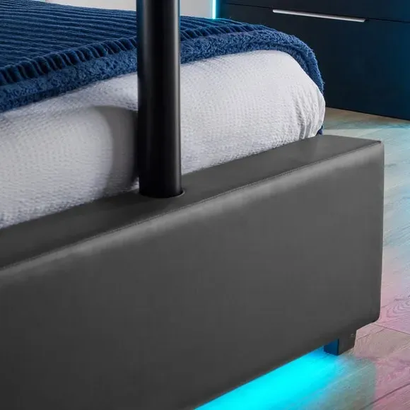 TV Bed with LED Lights & Mount - Grey, Faux Leather
