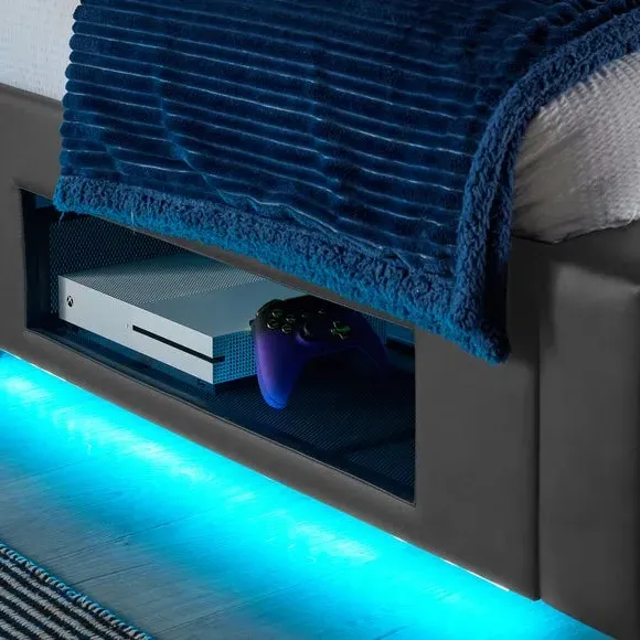 TV Bed with LED Lights & Mount - Grey, Faux Leather