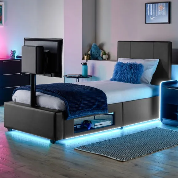 TV Bed with LED Lights & Mount - Grey, Faux Leather