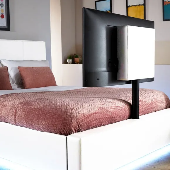 TV Bed with LED Lights & Mount - White, Faux Leather