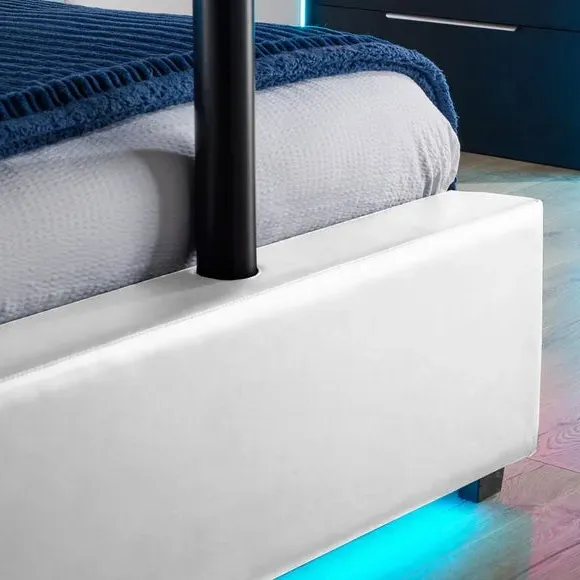 TV Bed with LED Lights & Mount - White, Faux Leather
