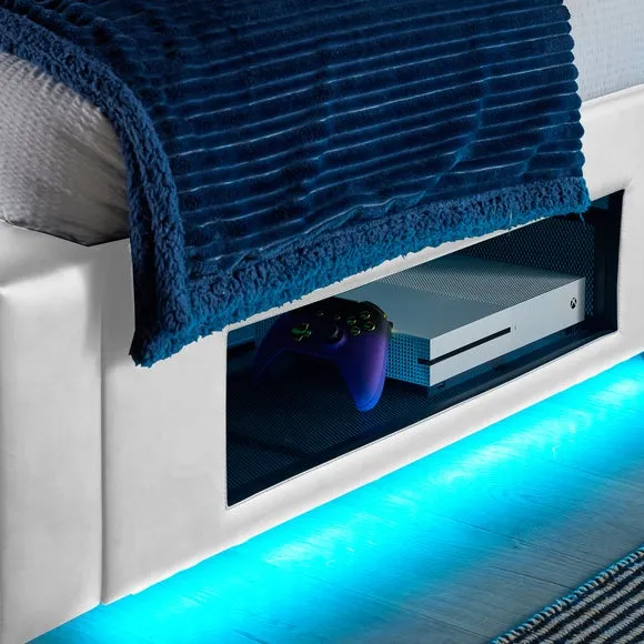 TV Bed with LED Lights & Mount - White, Faux Leather