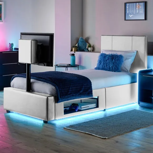 TV Bed with LED Lights & Mount - White, Faux Leather