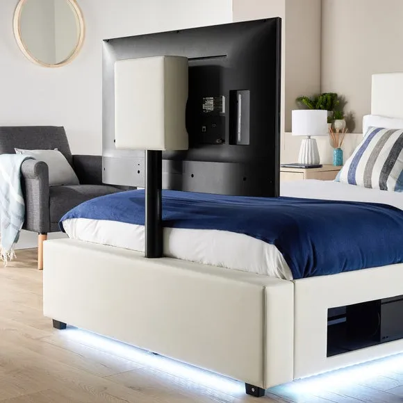 TV Bed with LED Lights & Mount - White, Faux Leather