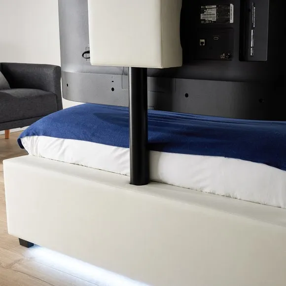 TV Bed with LED Lights & Mount - White, Faux Leather