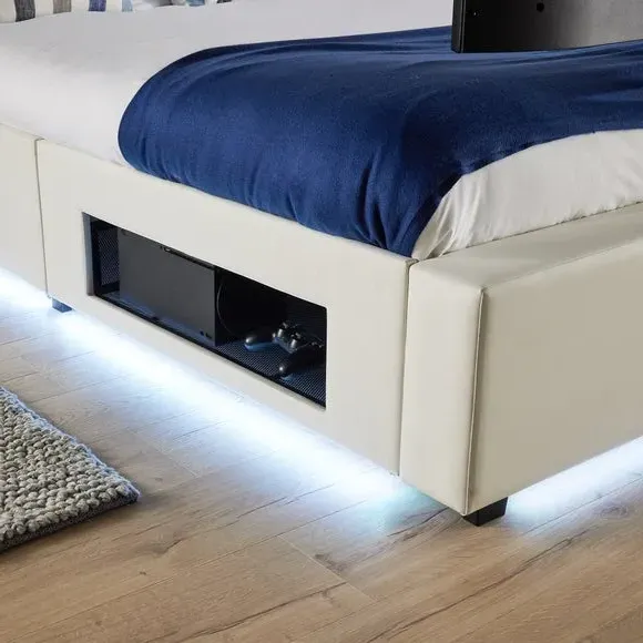 TV Bed with LED Lights & Mount - White, Faux Leather