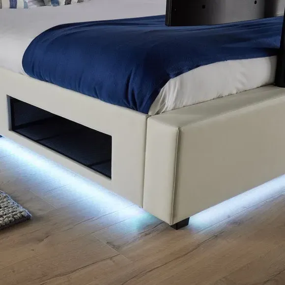 TV Bed with LED Lights & Mount - White, Faux Leather