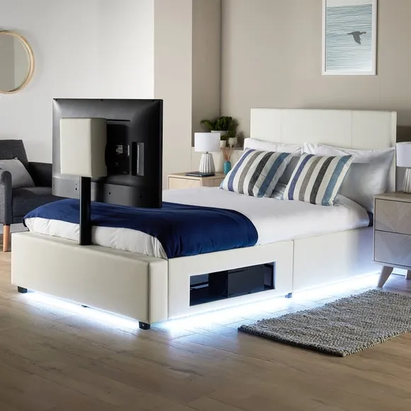 TV Bed with LED Lights & Mount - White, Faux Leather
