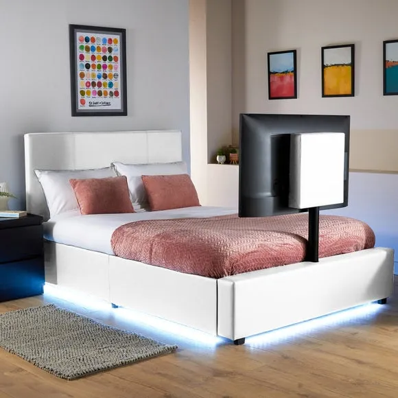 TV Bed with LED Lights & Mount - White, Faux Leather