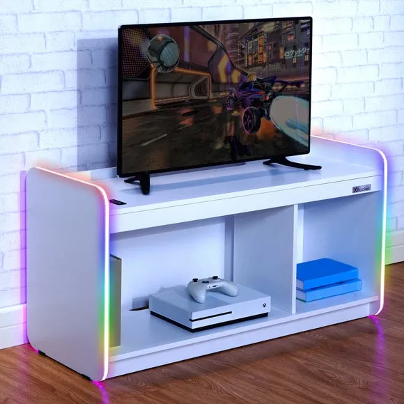 TV Unit with LED Lights - White, Wood