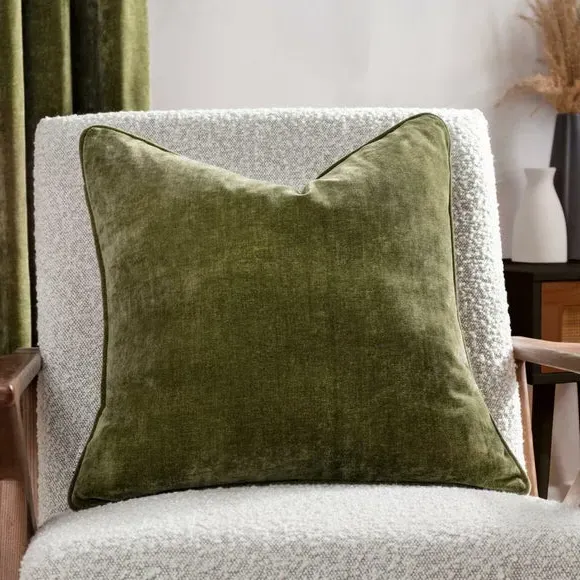 Reversible Cushion with Piped Trim - Olive, Chenille