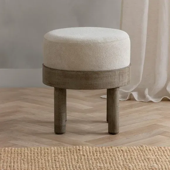 Round Footstool - Ecru, Fabric