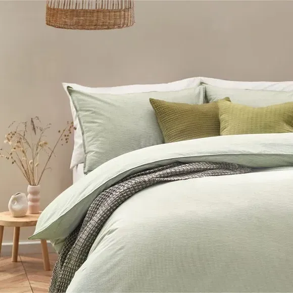 Striped Duvet Cover Set with Buttons - Khaki, Cotton