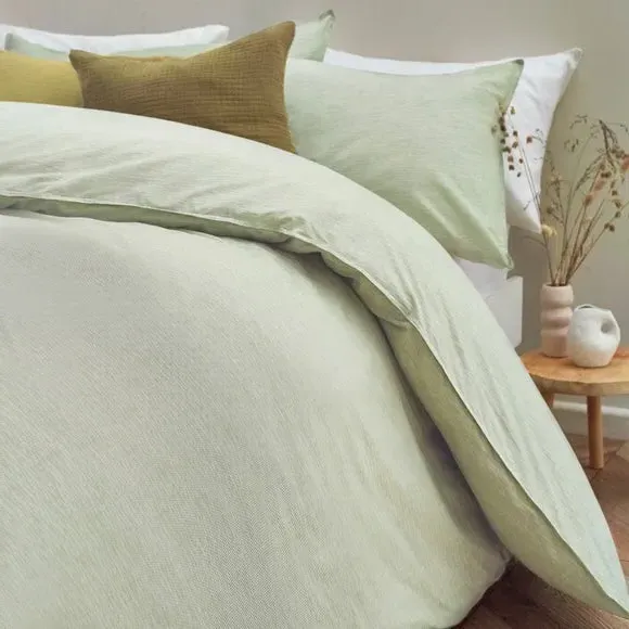 Striped Duvet Cover Set with Buttons - Khaki, Cotton
