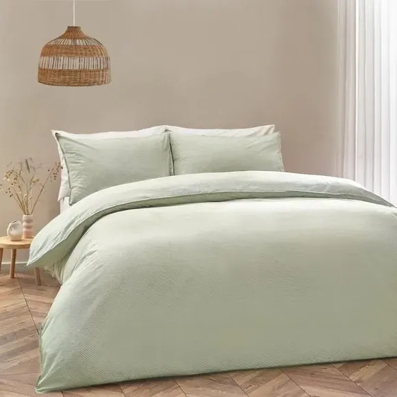 Striped Duvet Cover Set with Buttons - Khaki, Cotton