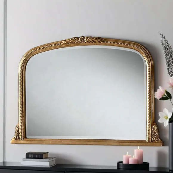 Arched Wall Mirror with Beaded Frame - Gold image