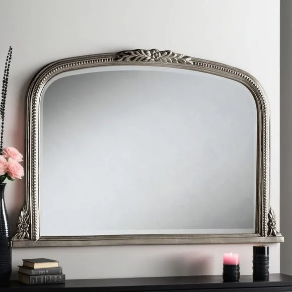Arched Wall Mirror with Beaded Frame - Silver