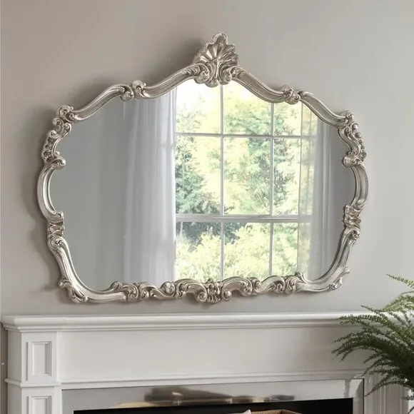 Arched Wall Mirror with Crested Top - Silver