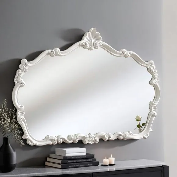 Arched Wall Mirror with Crested Top - White