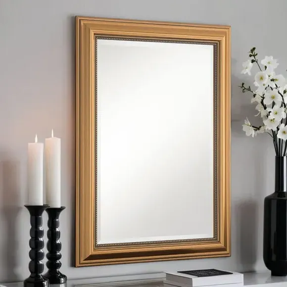 Beaded Overmantle Wall Mirror - Gold, Wood