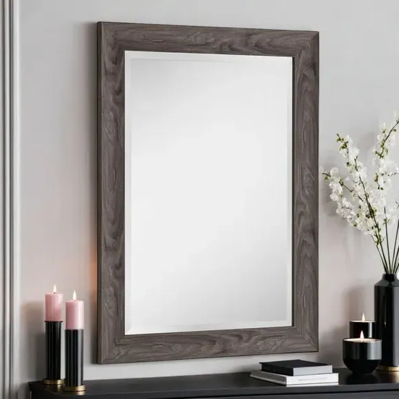 Framed Wall Mirror - Light Grey, Wood Effect