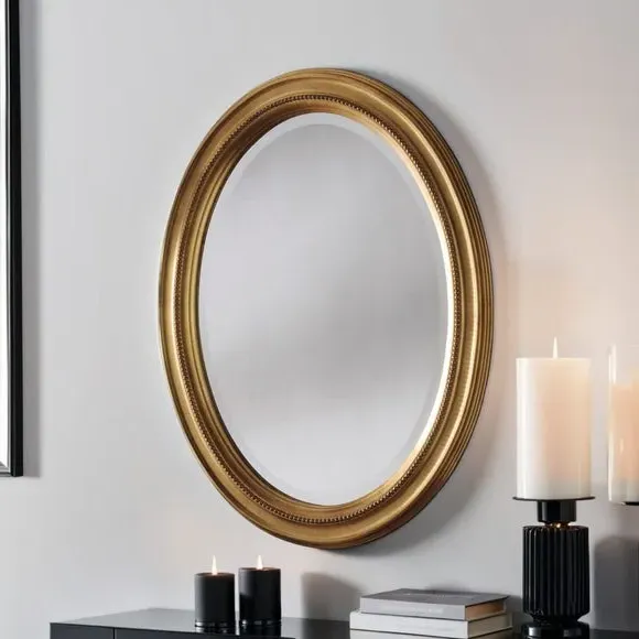 Oval Wall Mirror with Beaded Frame - Gold image
