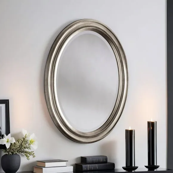 Oval Wall Mirror with Beaded Frame - Silver