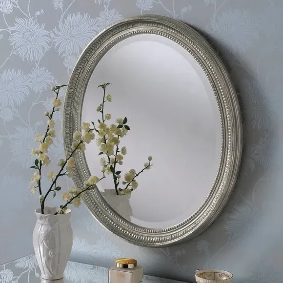 Oval Wall Mirror with Bevelled Edges - Silver