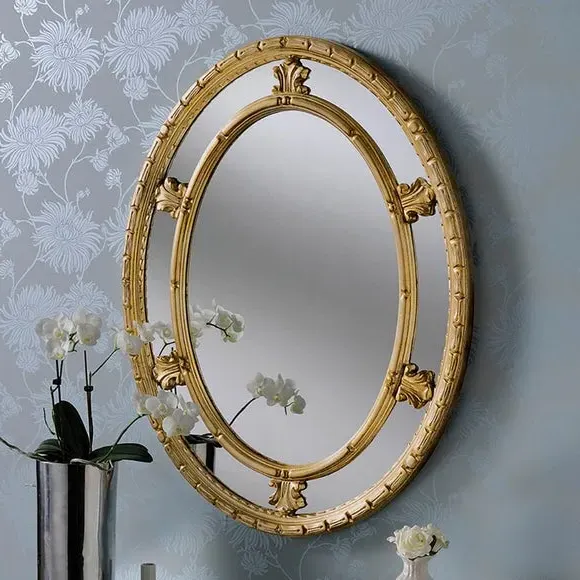 Oval Wall Mirror with Ornate Frame - Gold image