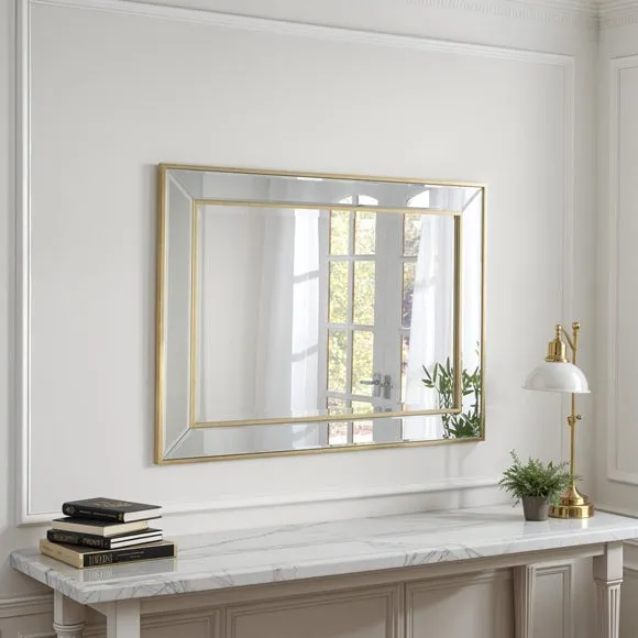Rectangular Wall Mirror with Bevelled Edge - Gold