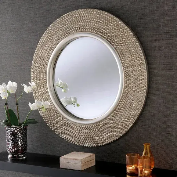 Round Beaded Wall Mirror - Silver
