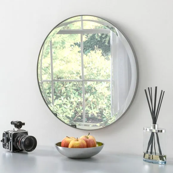 Round Wall Mirror with Bevelled Edge - Dark Grey