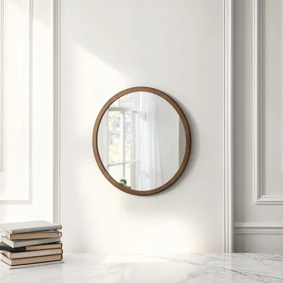 Round Wall Mirror with Minimalist Frame - Brown