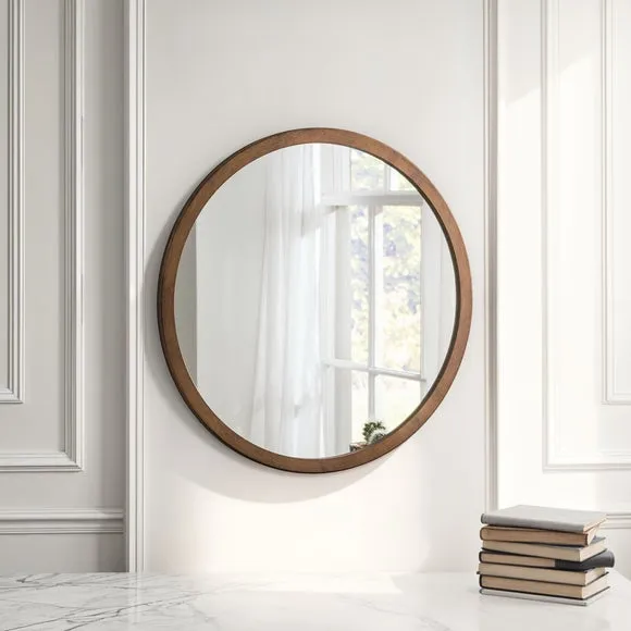Round Wall Mirror with Minimalist Frame - Brown