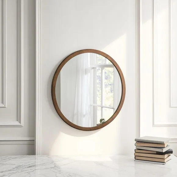 Round Wall Mirror with Minimalist Frame - Brown