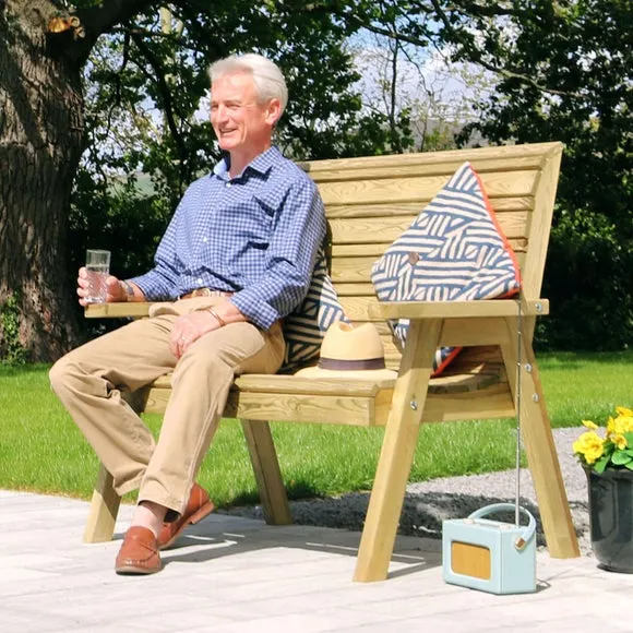 2-Seater Garden Bench with High Back - Natural Wood