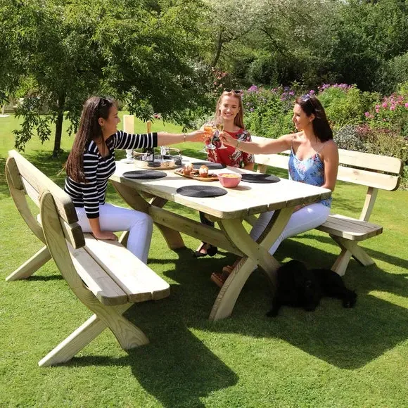 6-Seater Dining Set with Benches - Natural Wood