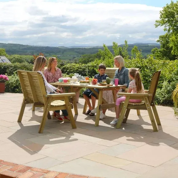6-Seater Dining Set with Benches - Natural Wood