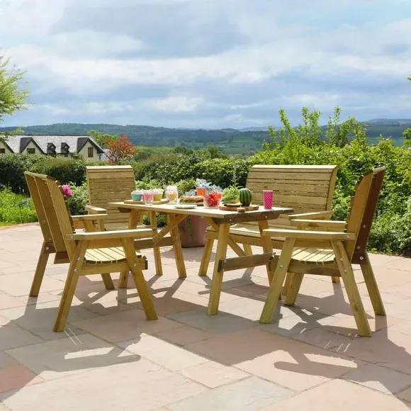 6-Seater Dining Set with Benches - Natural Wood