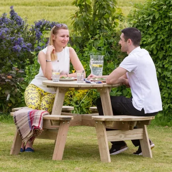 Round Picnic Table with Benches - Natural Wood