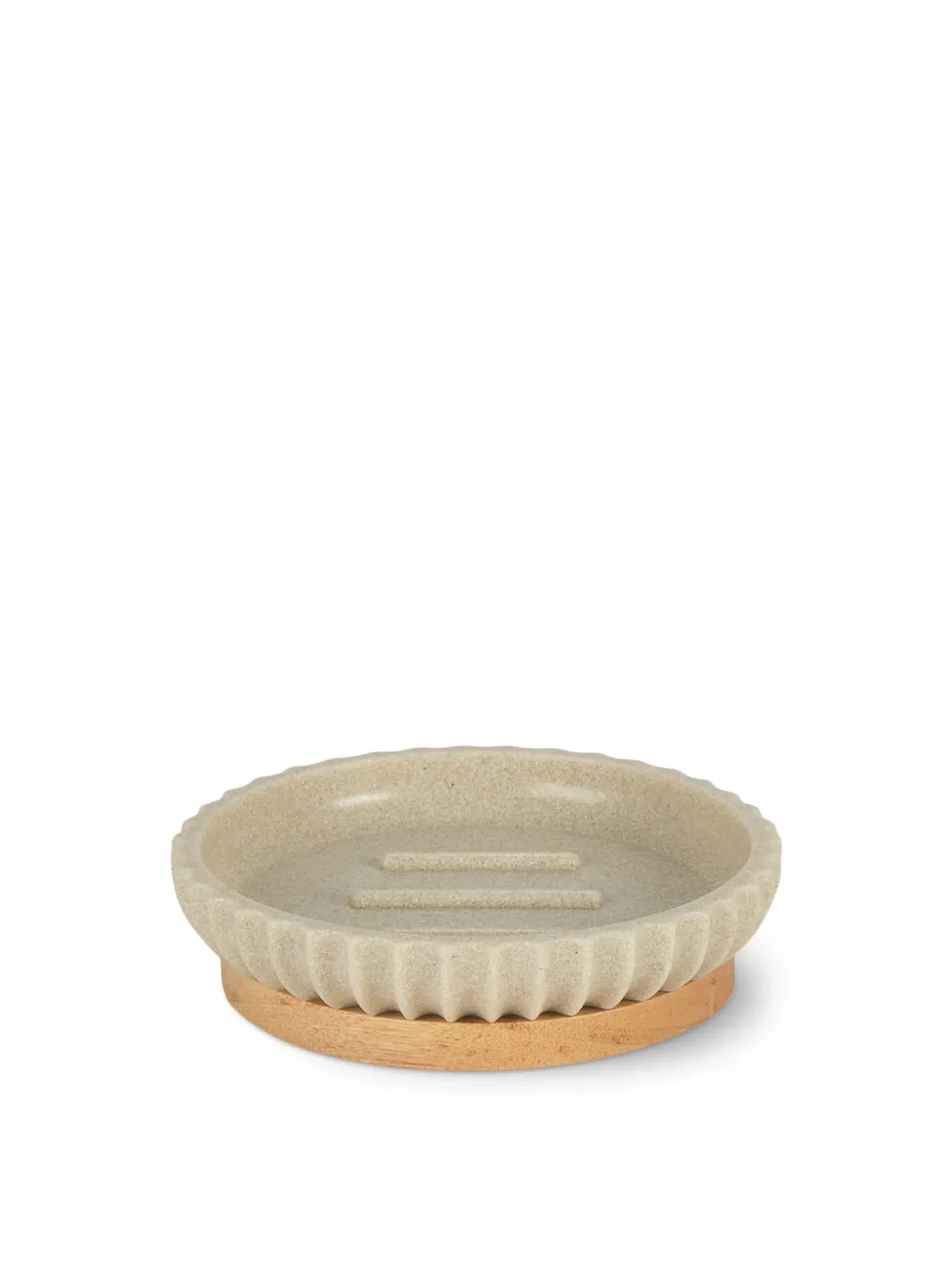 Oval Soap Dish with Relief Lines - Beige, Wood image