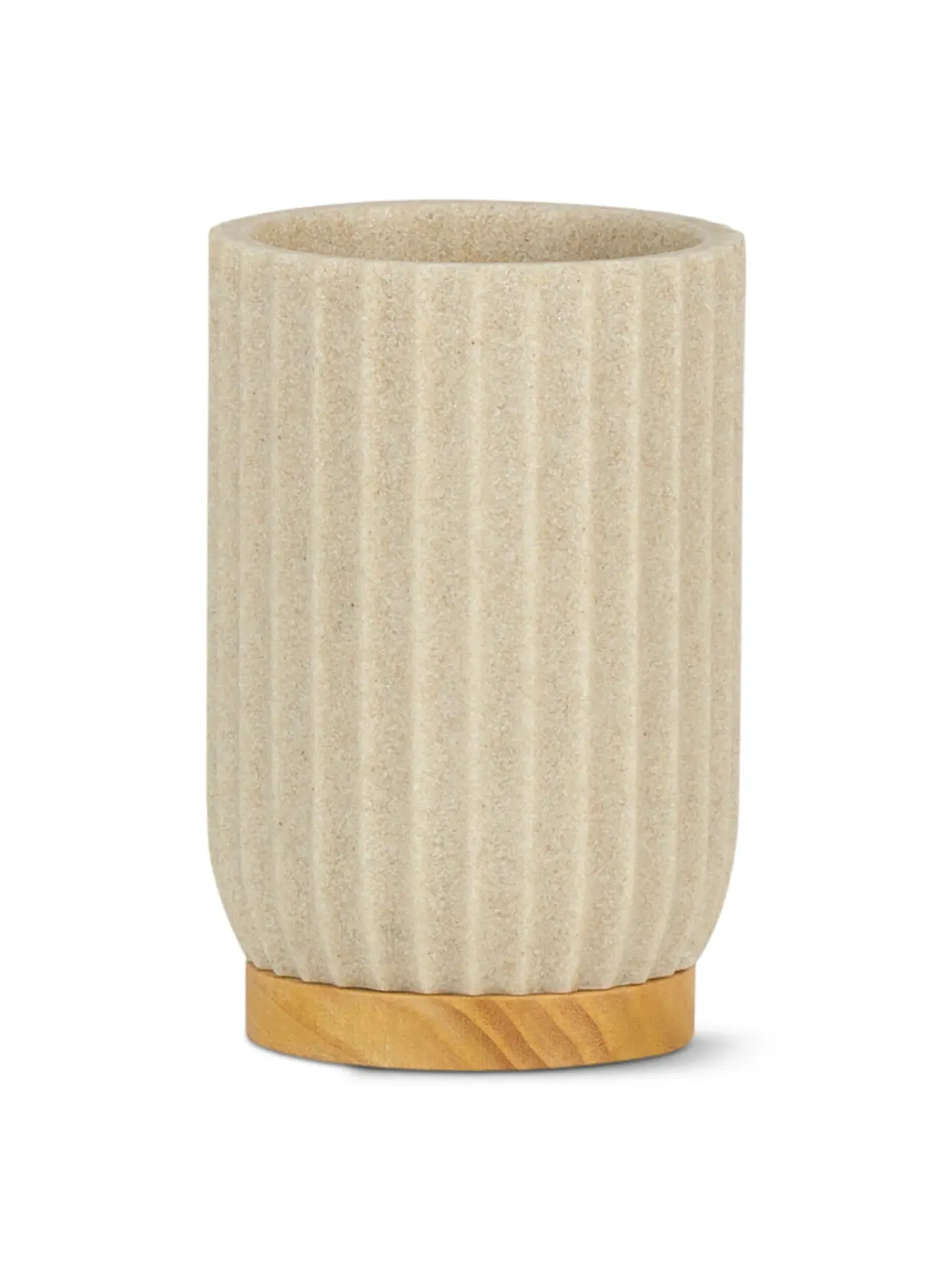 Toothbrush Holder with Wood Base - Beige, Resin image