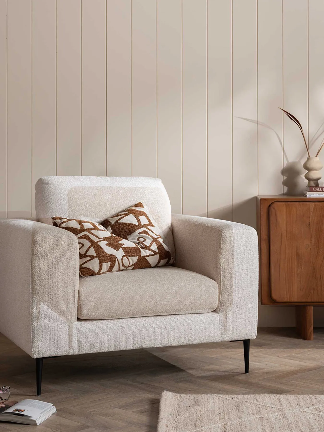 Boucle Fabric Armchair with Steel Legs - Neutral