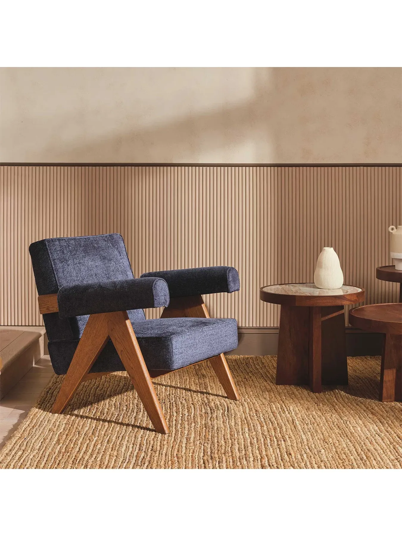 Club Armchair with Oak Legs - Blue, Fabric