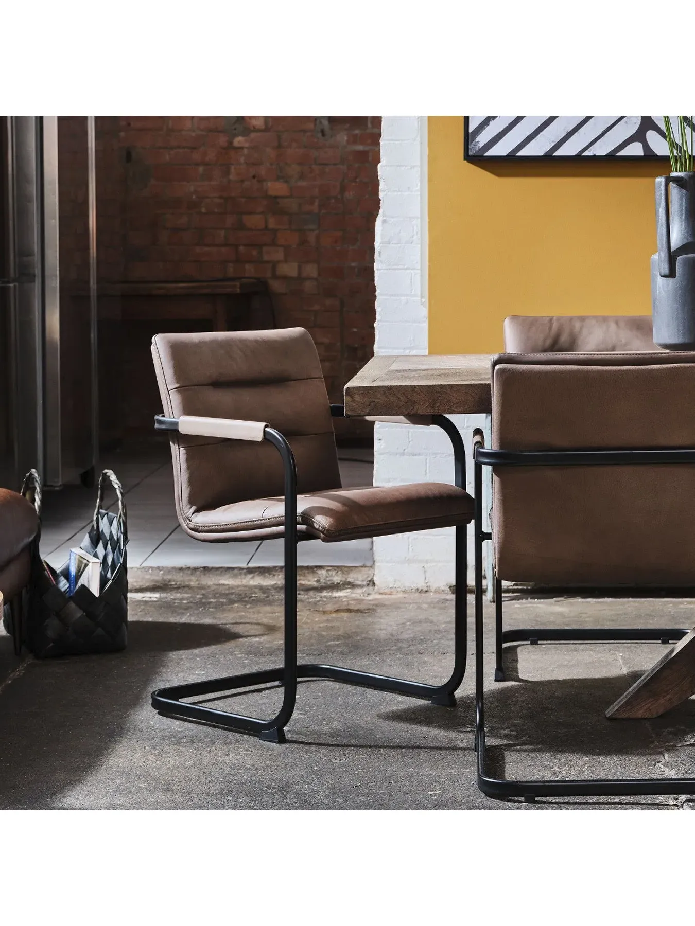 Dining Armchair with Cantilever Frame - Brown, Leather