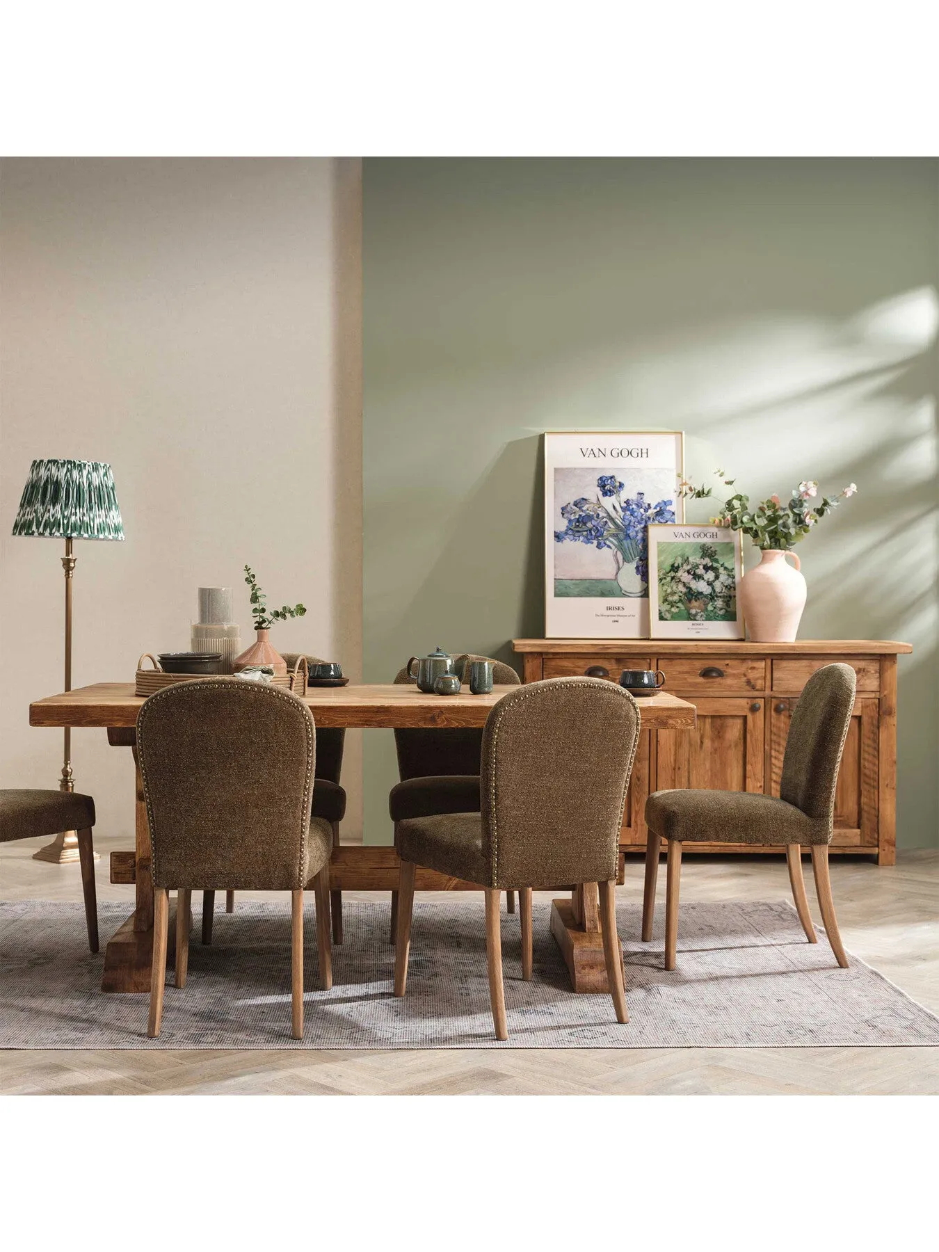 Dining Chair with Brass Studs - Green, Boucle