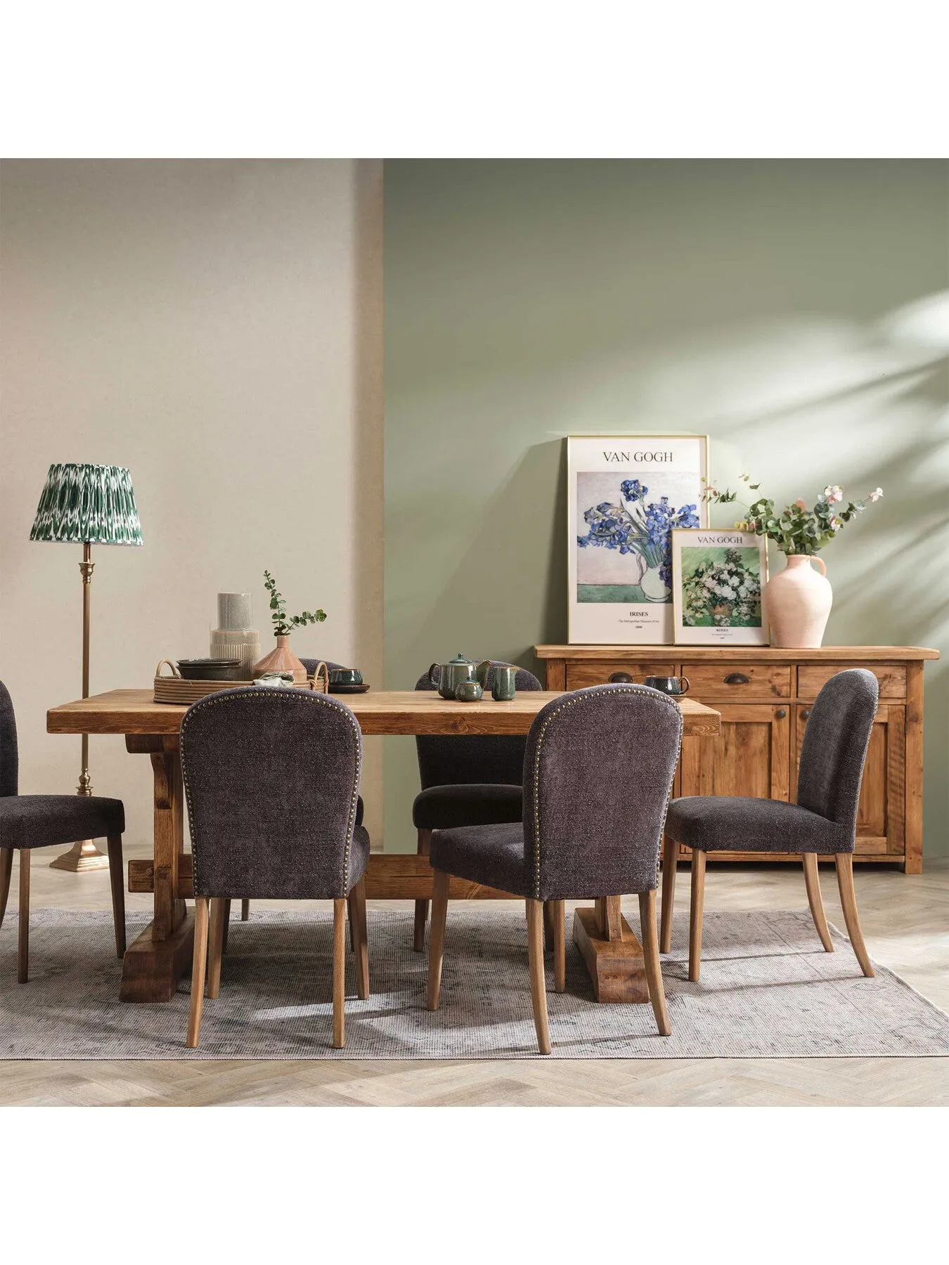 Dining Chair with Brass Studs - Grey, Boucle
