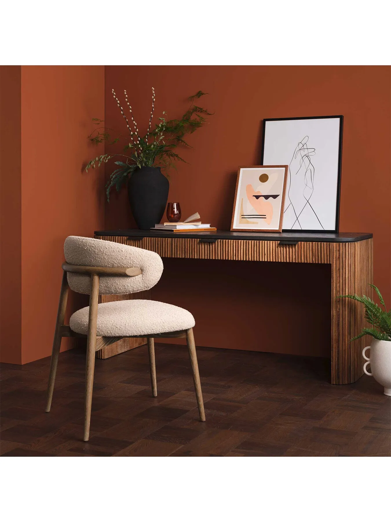 Fluted Office Desk with Drawers - Brown, Teak