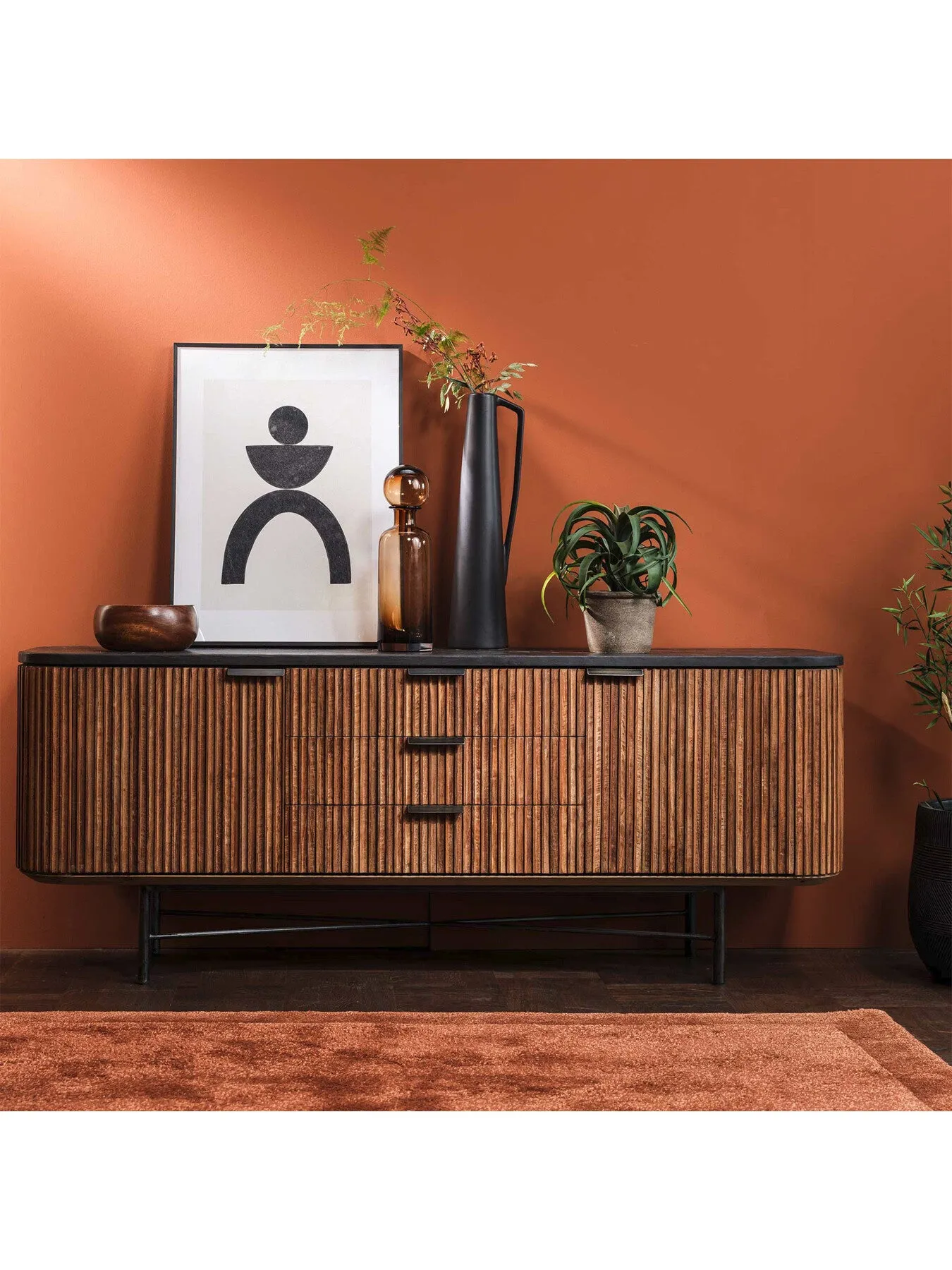 Fluted TV Unit with Cable Management - Brown, Teak